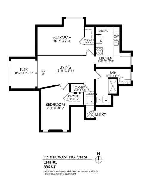 Floor plan for 2 beds, 1 bath, 885 sqft